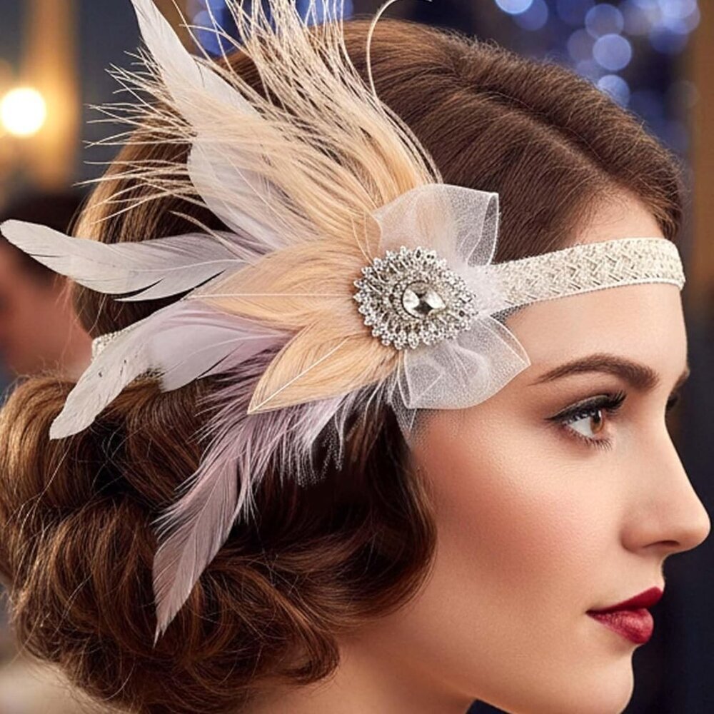 Flapper Feather Headband 1920s White Rhinestone Roaring 20s Gatsby Accessories